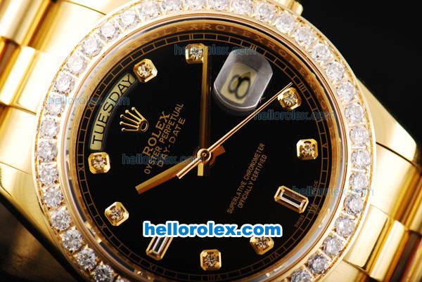 Rolex Day Date II Automatic Movement Full Gold with Diamond Bezel-Black Dial and Diamond Markers - Click Image to Close